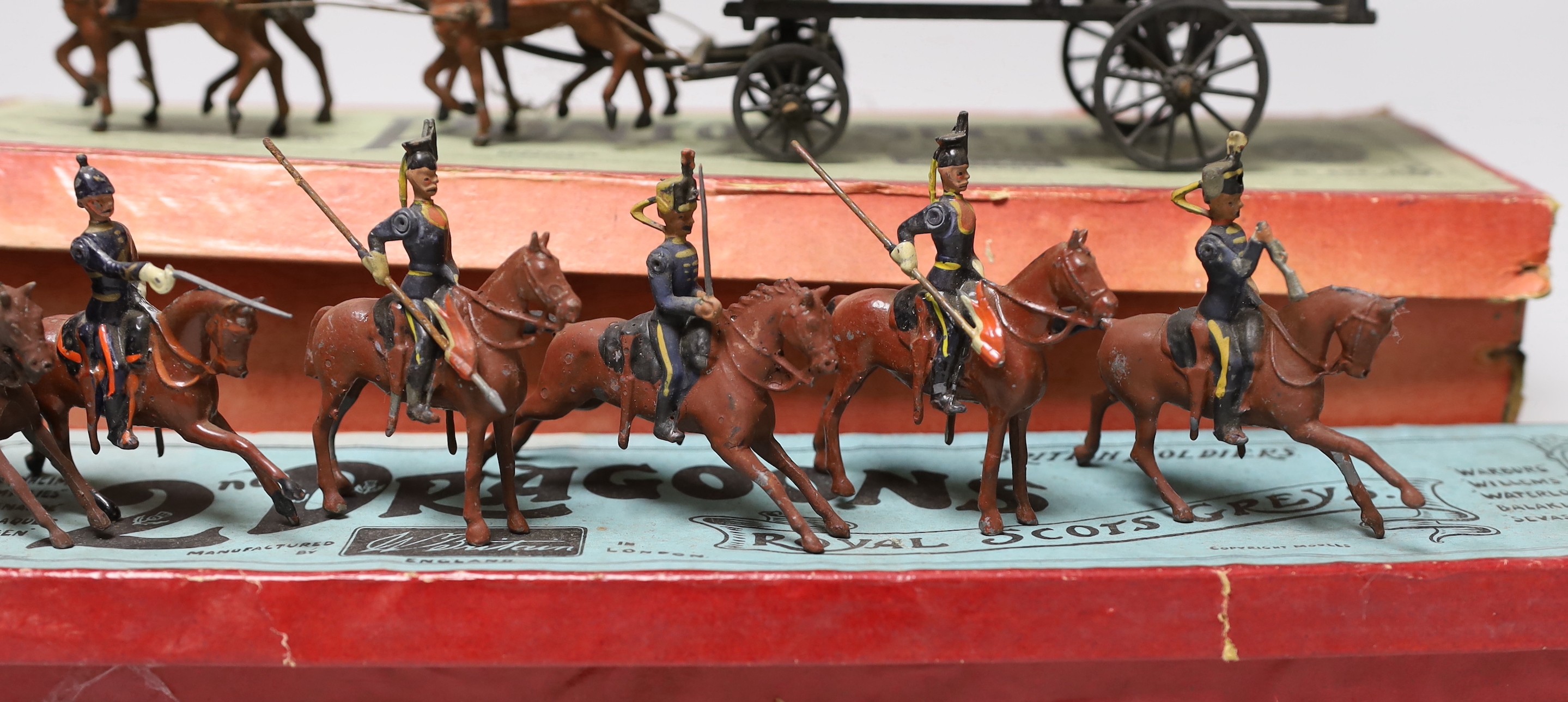 Britains set 203 Pontoon Section, in box, and Britains dragoons, now in set 32 box